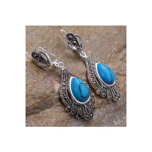 Elegant oval bead turquoise dangle pierced earrings