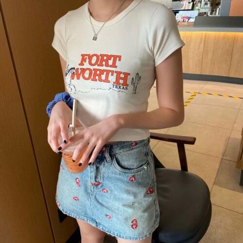Slim Girls Soft Cotton O Neck T-shirt 2021 Summer Fashion Ladies High Street Women Letter Print Cropped T-shirt