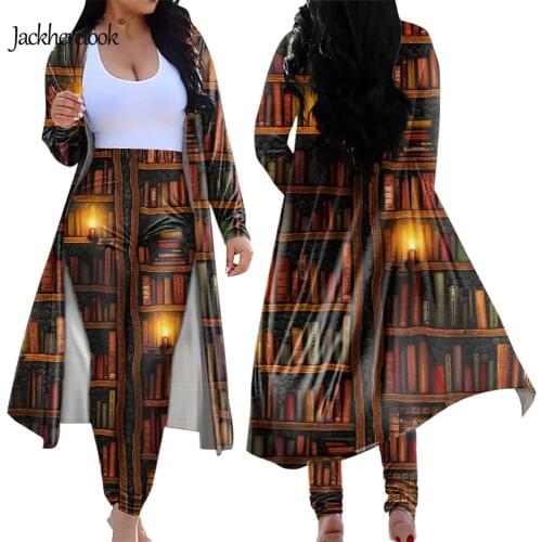 Jackherelook Vintage Bookshelf Brand Design Women Two Piece Club Outfits Open Front Cardigan Skinny Legging Pants Plus Size 4XL