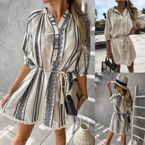 Summer Tassel Cotton Linen Dress For Women Casual Button Arrow Print Dress Three Quarter Sleeve Dress Lady Vestidos Verano