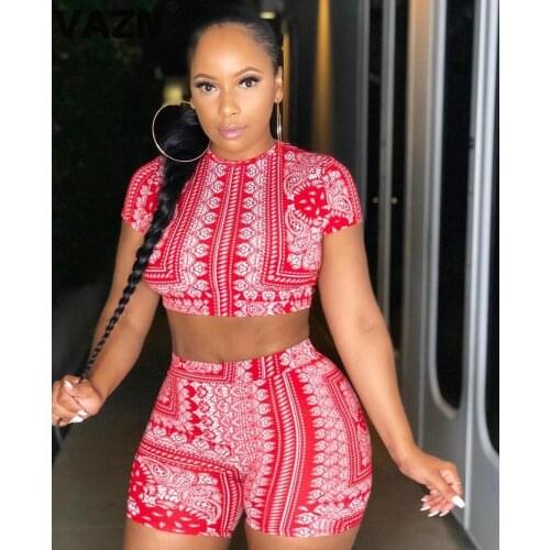 VAZN Red print 2020 summer sexy lady 2-piece short set short sleeve O-neck short tops and shorts set young girl casual sexy set