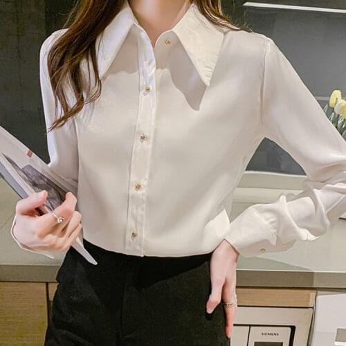 LJSXLS Spring Solid Color Turn-down Collar Shirts Women Fashion Button Long Sleeve Blouse Womens Casual Gloss Female Clothing
