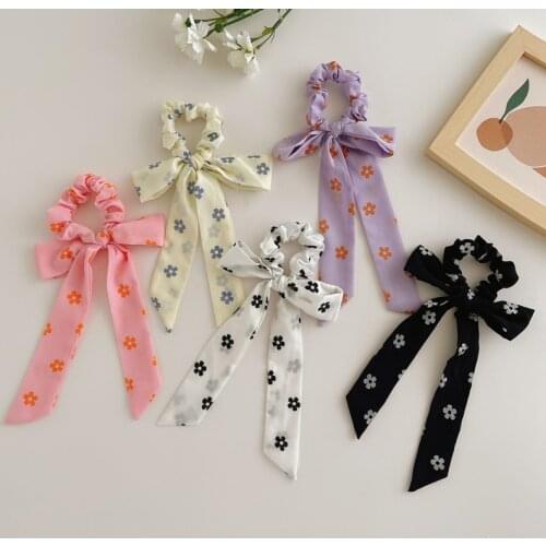 Fashion Flower Print Bow Satin Long Ribbon Ponytail Scarf Hair Tie Scrunchies Women Girls Elastic Hair Bands Hair Accessories