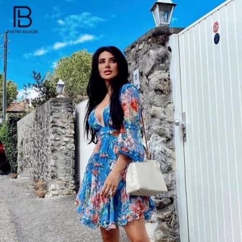 PB Trendy Graceful Floral Print Mini Dress Sexy V Neck Back Cross Hollow Out Lantern Sleeves Party Club Vestido Free Shipping