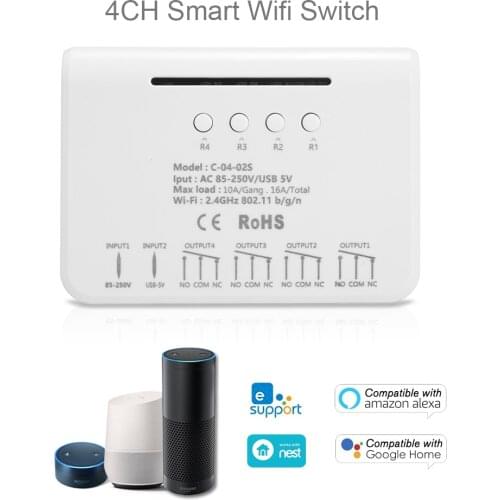 Smart Home Ewelink WiFi Switch Module 4CH 7-32V 85-250V 10A Relay Radio Frequency Remote Control Smart Timer Alexa Google Home