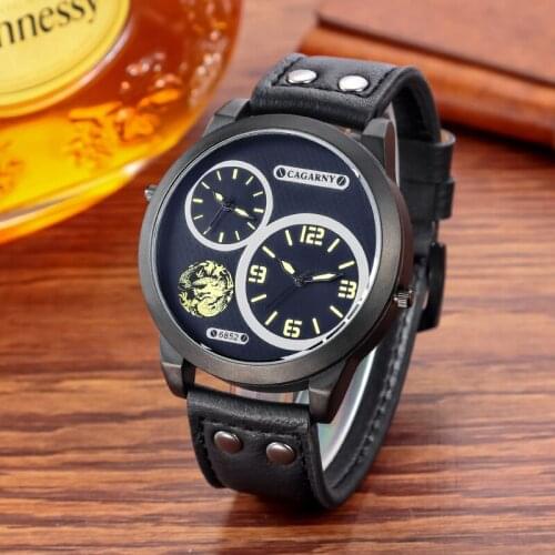 Mens Watches Cagarny 48MM Dual Time Watch Men Genuine Leather Strap Casual Sport Mens Quartz Watches Military Relogio Masculino