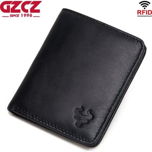 GZCZ 100% Genuine Leather Mens Wallets Thin Male Wallet Card Holder Slim Card Holder Cowskin Mini Coin Bag Soft Leather Black
