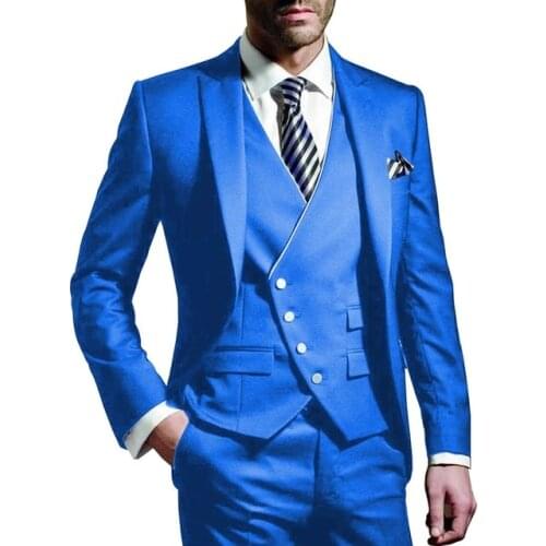 Three Pieces Men suits Notched Lable Blue Groomsuit Blazer One Button Formal Business Suits Tuxedo (Blazer+vest+Pant)