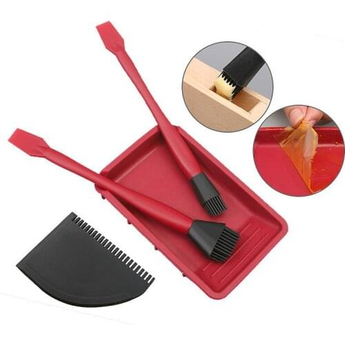 4Pc/set Woodworking Silicone Brush Tool Kit Washfree Glue Brush Soft Glue Brush Flat Scraper Glue Tray Wood Gluing Brushing Tool