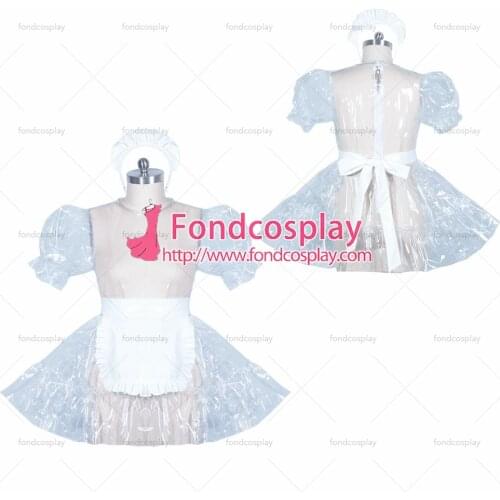 Fondcosplay adult sexy cross dressing sissy maid short French lockable clear PVC dress cosplay white apron Tailor-made[G3895]