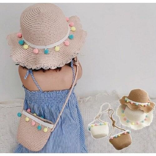 Straw Sun Hat Beach Bucket Hat for Children Summer Girls UV Protective Hat Weave Pompoms Big Brim Kids Holiday Cap Fedoras