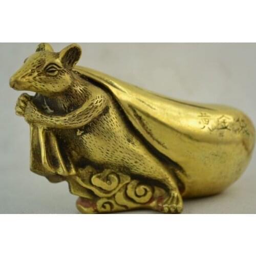 Old Decorated Wonderful Handwork Copper Carve Mouse Carry Gold Bag Lucky Statue