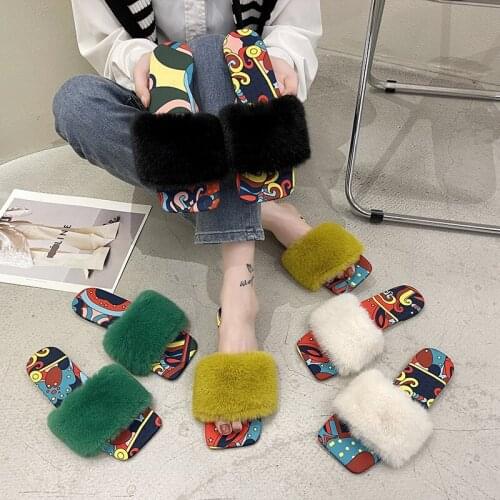 Women Furry Slippers Faux Fur Slides Women Furry Fox Fur Sandals Female Fur Slides for Women Fluffy Plush with Fur Slippers