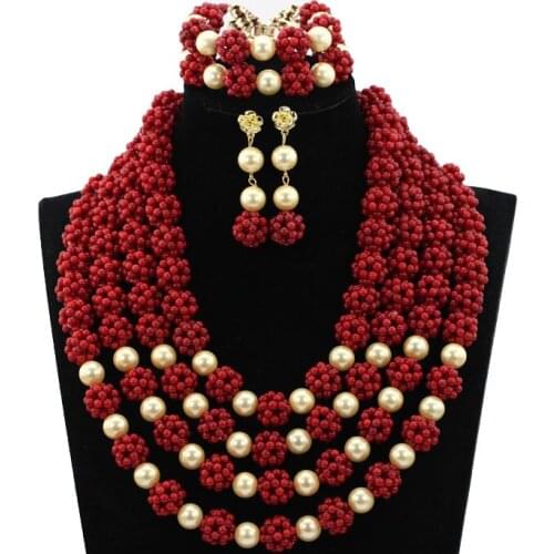 Gorgeous Wine Red African Coral Beads Necklace Set Nigerian Wedding Indian Bridal Jewelry Set 2019 New Handmade Jewelry HX538
