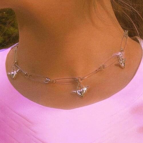 Y2K Jewelry Pin Heart Wing Necklace For Women Metal Punk Harajuku Vintage Handmade DIY Goth Necklace Charms 90s Aesthetic New