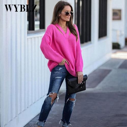 WYBLZ Winter Women Pulovers Sweaters V Neck Casual Boho Holiday Knitwear Sweater Oversize Long Sleeve Solid Tops Female Autumn