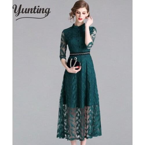 Women Work Casual Long Dress Fashion Hollow Out Jacquard Lace Dresses Vintage Big Swing Slim Evening Party Vestidos