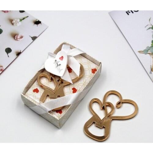 100pcs/lot Double heart style Beer Bottle Opener with retail box For Wedding Party gift Favors Barware Tool