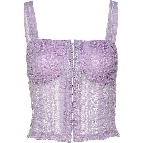 2020 Summer Womens Sexy Purple Lace Fashion Streetwear Bandage Strappy Hollow out Stretch Mesh Crop Tops Court Stylish Tank Top
