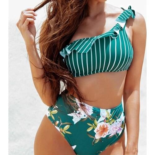 One Shoulder Bikini Ruffled Triangle Swimsuit Flower Print Striped Sexy Fashion Split Green Swimwear Summer Bathing Suit 2021