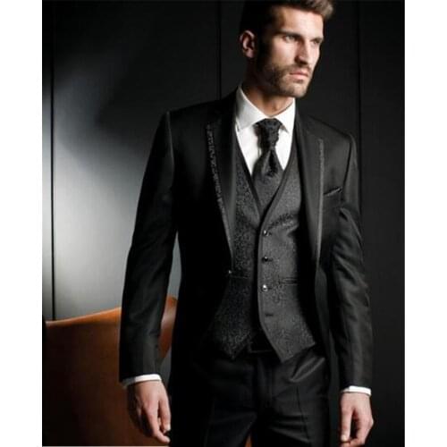 Black Harringbone Wedding Men Suits Three Piece Custom Groom Tuxedos for Evening Party Jacket Pants Vest Male Blazer