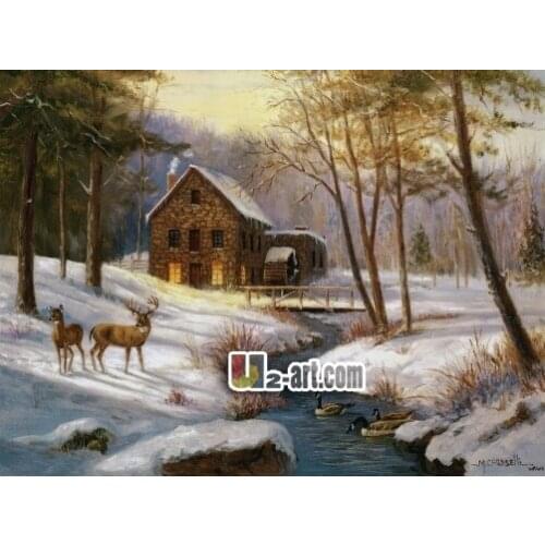 Canvas Prints (Log Cabin With Deer) Wholesale ornament gift classic oil painting canvas wall art picture for sale Dd-6-FJ(193)