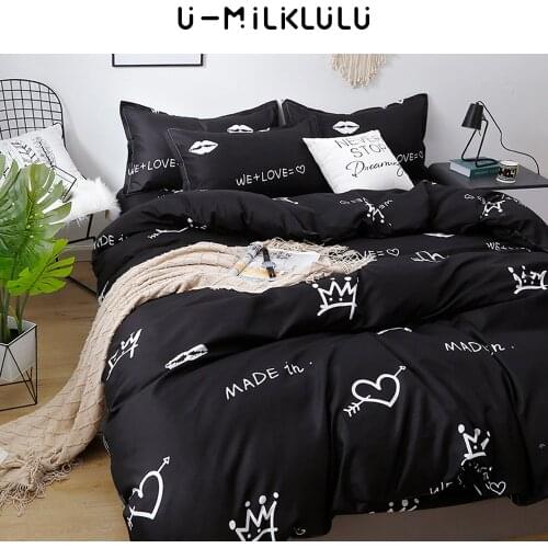 Love Pattern Bedding Set Black Sheet Set Single Double Queen King Size Elastic Duvet Cover Pillowcases Simplei Bed Comforters