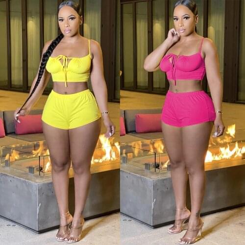 Casual Solid Sling Short Women Matching Sets Sexy Vest Bandage Crop Top + Biker Shorts Workout Active Wear 2 Piece Outfits Suit