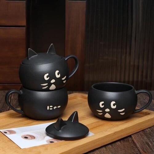 Surprise Cat Black Covered Mug Ceramic Home Couple Coffee Milk Cup Japanese Creative Birthday Gift