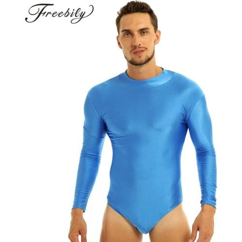 Mens One-piece Swimsuit Long Sleeve Stand Collar Stretch Solid Cosplay Costume Leotard Bodysuit Jumpsuit