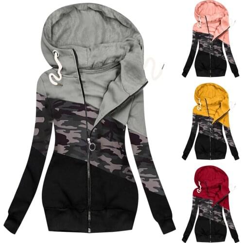 Top Selling Fashion Winter Casual Hoodies Women Camouflage Print Hoody Jacket Zipper Ladies Sweatshirt Long Sleeve Harajuku Coat