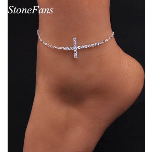 Stonefans Fashion Rhinestone Simple Cross Anklet Bracelet for Women Beach Accessories Barefoot Sandals Leg Chain Summer Jewelry