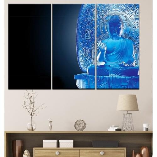 HD printed 3 piece buddha wall art canvas painting for living room blue buddha statue posters and prints artwork Free shipping