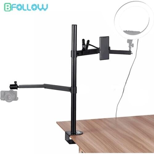 BFOLLOW Multi Desk Clamp Mount Dual Magic Arm for Youtuber Podcast Overhead Shooting Video Camera Mobile Phone Bracket Stand