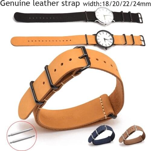 Cowhide Watch Band 18MM 20MM 22MM 24MM NATO Wristband Matte Genuine Leather Watch Strap Metal Ring Buckle Bracelet Accessories