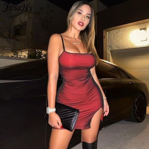 JusaHy Y2K Sexy Slim Bodycon Split Dresses Womens Banquet Solid Sleeveless 2021Summer Skinny Sling Street Party Club Dress Hot