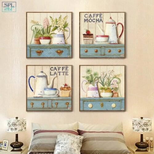 SPLSPL Nordic Girls Room Decor Hand Drawn Decorative Picture Coffee Latte Watercolor Flower Wall Art Canvas Painting for Kitchen