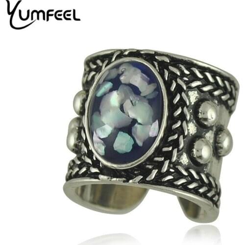 Yumfeel New Tibetan Silver Plated Punk Style Vintage & Boho Rings 4Color Choice Faux Stone Vintage Ring for Woman Jewelry