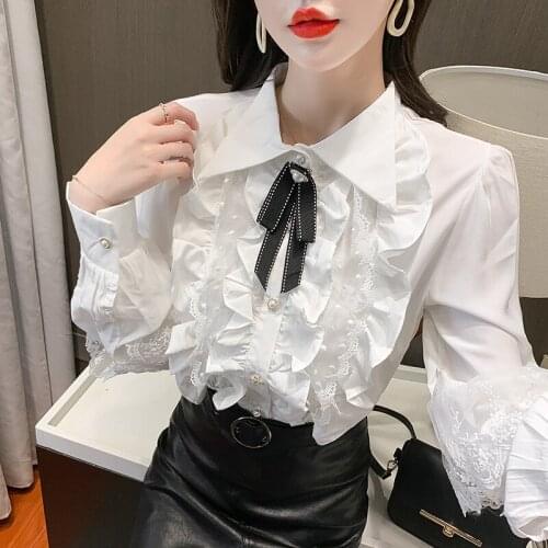 Womens Vintage Palace Style Shirt Blouse Bow Layered Ruffles Lace Patchwork Sweet Blouses Femme Elegant Office Party Club Blusas