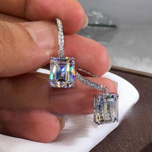 Princess Cut Big Sqaure Zircon 925 Sterling Silver Dangle Earrings for Women Wedding Engagement Party Beautiful Jewelry