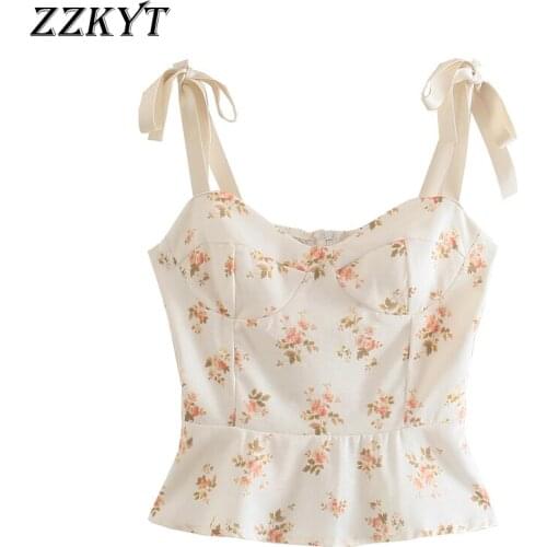 ZZKYT 2021 Women Summer Vintage Sweet Floral Print Cropped Tank Fashion Ruffle Bow Tie Backless Female Sexy Club Camis Chic Tops