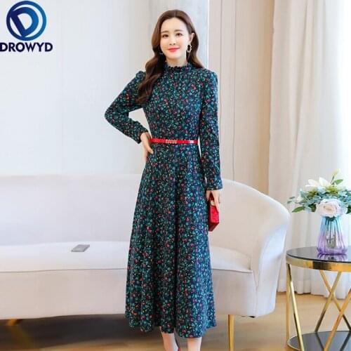 Women beach boho Dress Autumn 2021 New Office Lady Korea Style Knitting Full Sleeve Floral Print Turtleneck Stand Neck Dresses