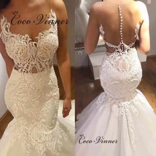 Illusion Back Sexy Mermaid Wedding Dress Europe 2021 New Lace Appliques Custom Made Wedding Gown Plus Size Bride Dresses W0845