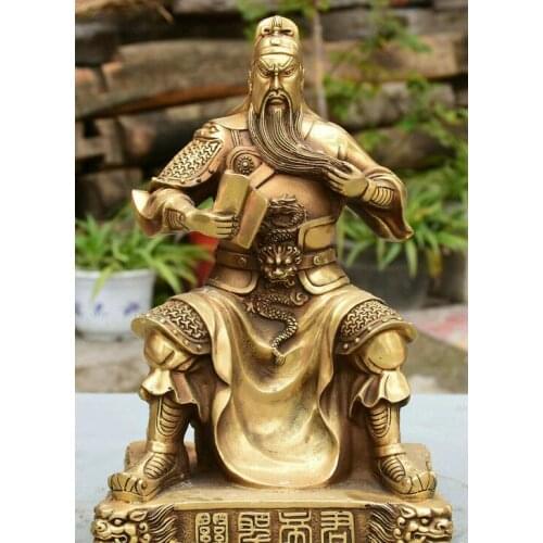 11" China Pure Bronze Dragon Guan Gong Yu Warrior General Holding Book Statue
