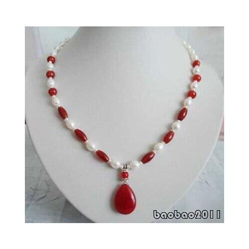 FREE SHIPPING>>>@@ > Hot sale &>>>>>Real White Pearl Red stone Pendant 18KWGP Clasp Necklace