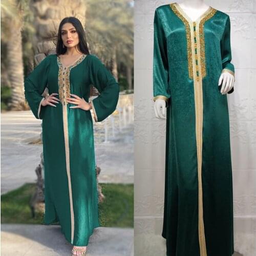 Middle East Dubai Turkey Arabic Abaya Dress for Women Fashion Muslim Moroccan Kaftan Diamond Maxi Dresses Jalabiya Green Robe