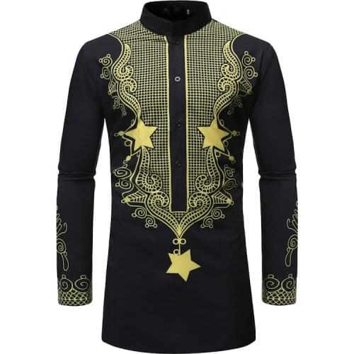 Black African Dashiki Print Dress Shirt Men Fad Fashion Slim Fit African Clothes Hip Hop Streetwear Casual Mens Shirts Chemise