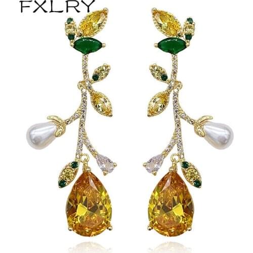 FXLRY Elegant Yellow Crystal Dangle Jewelry Luxury Earrings for Women Trendy Pearl Water Drop Earrings