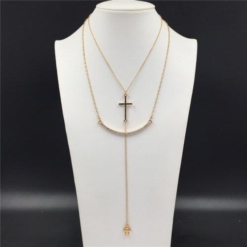 Dainty Gold Color Plating Black Engraved Cross Pendant Cleared Stone Curved Pendant Layered Necklace For Women Gorgeous Jewelry