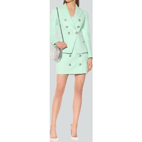 Double-breasted metal lion head buckle Classic Solid Slim Suits Set Notched collar Long Sleeve Coat and Short Skirts 2 piece set